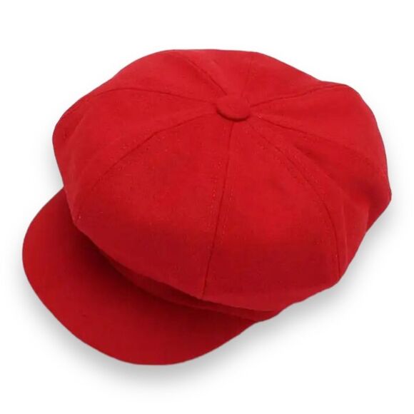 Red Curved Brim Floppy Button Top Newsboy Hat Cabbie Cap - NEW - Picture 2 of 4